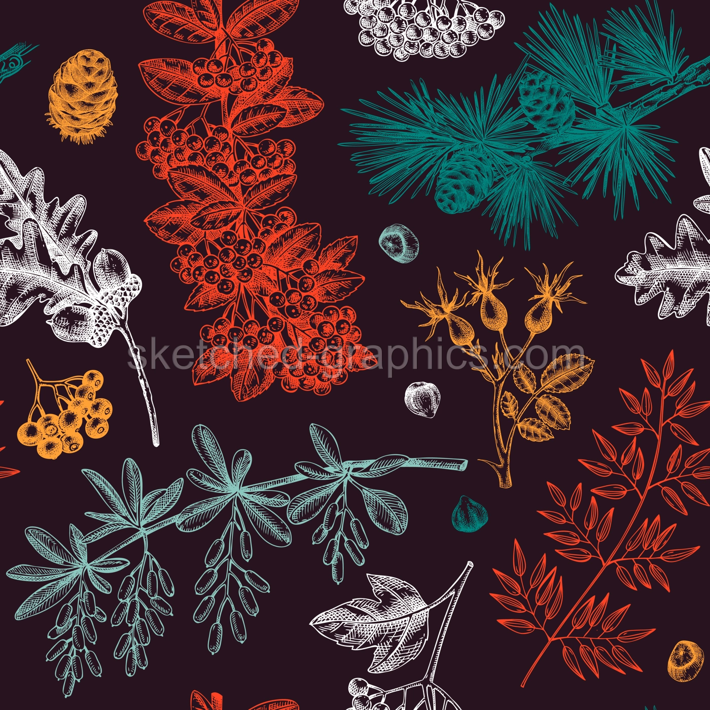 Autumn seamless pattern. Hand drawn vector illustrations. Fall leaves, tree branches and autumn plant sketches. Botanical repeating texture. Fall leaves background. Vintage nature design for print, Illustration